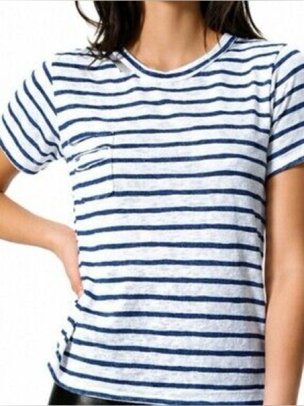 LNA white and navy striped pocket tshirt with intentional rip on collar size S